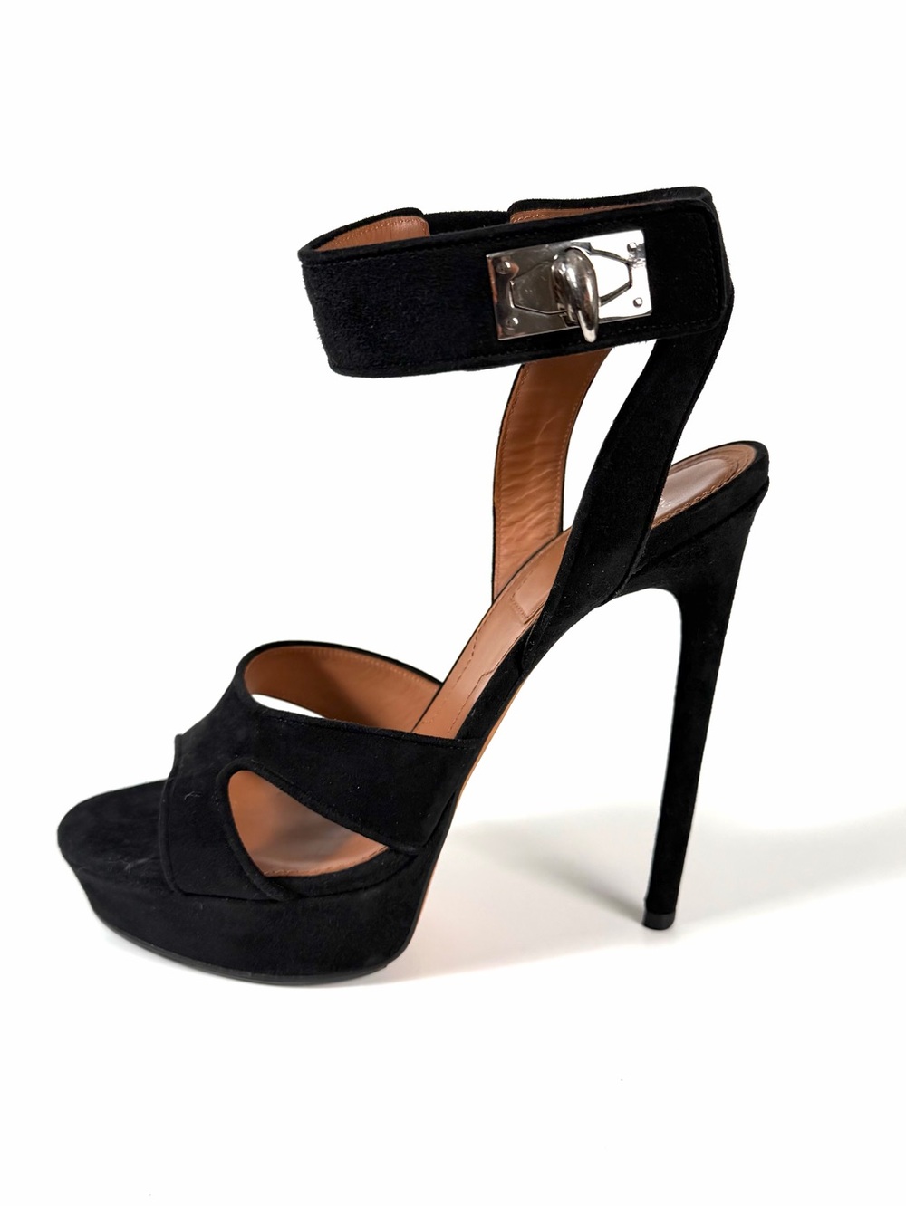 Givenchy Black Suede Platform Ankle-Strap Stiletto Matilda Shark Turn Lock Heel